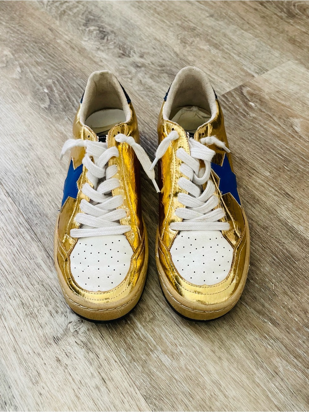 Gold Metallic Star Sneakers with Blue Accent - Unbranded